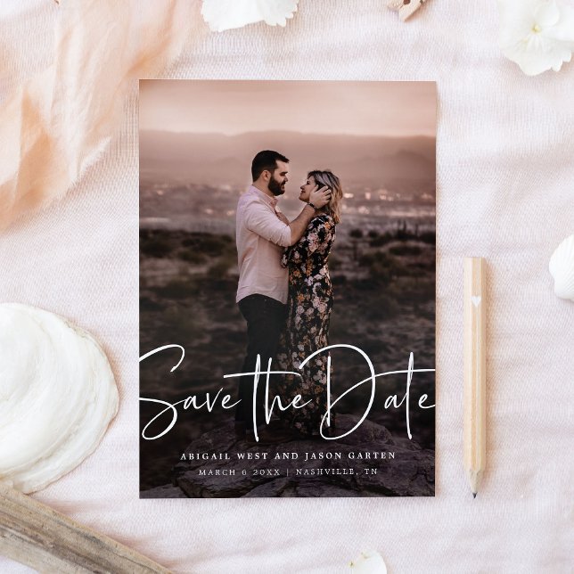 Modern Script Save the Date Photo (modern script save the date photo card)