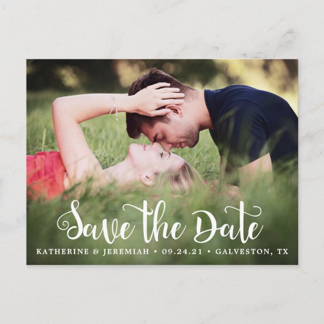Modern Script Save the Date Photo Engagement Postcard (Front)