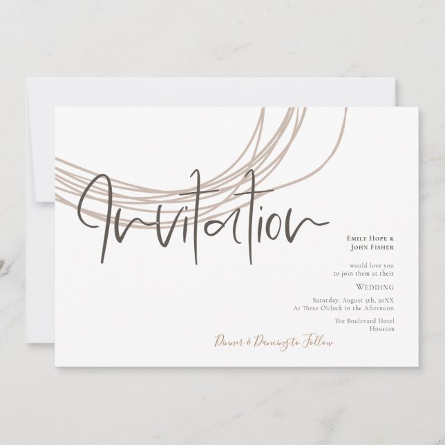 Modern Script Scribble Circular Line Beige Wedding Invitation (Front)