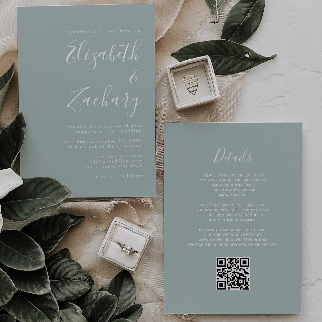 Modern Script Sea Glass Green QR Code Wedding Invitation (Creator Uploaded)