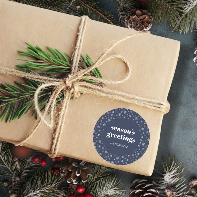 Modern Script Seasons Greetings Holiday Navy Blue Classic Round Sticker (Christmas holiday snowflake pattern stickers)