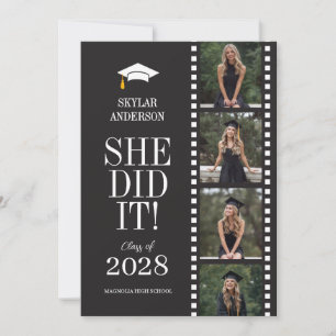 Modern Script Senior Photo Graduation Black Reel Invitation