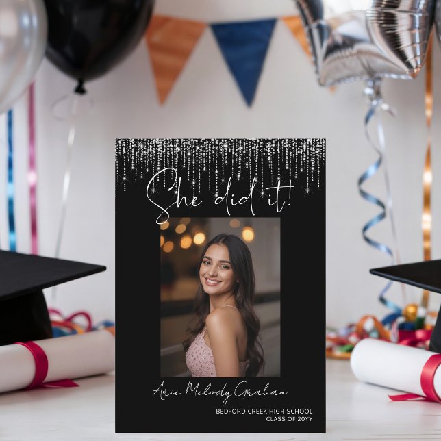 Modern Script She did it! Sparkly Photo Graduation Invitation (Creator Uploaded)