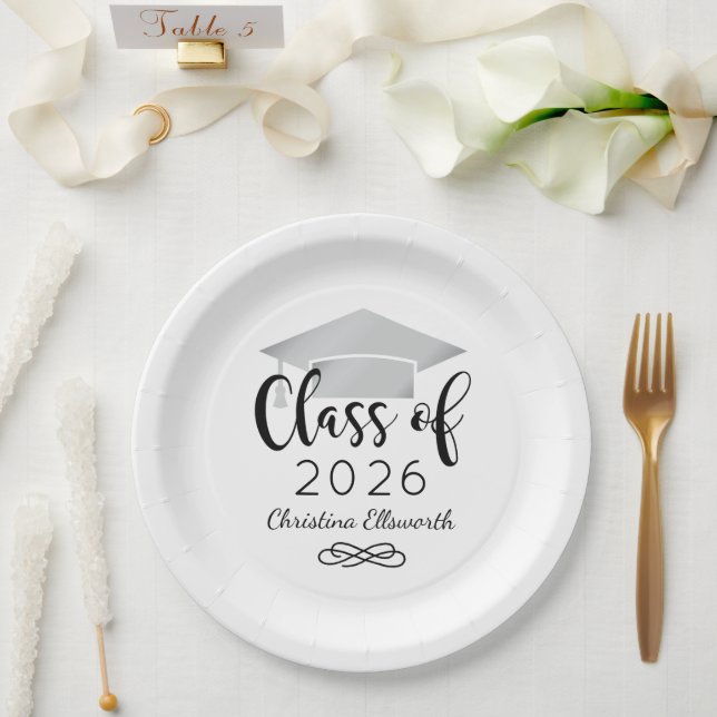 Modern Script Silver 2025 Custom Graduation Paper Plate (Wedding)