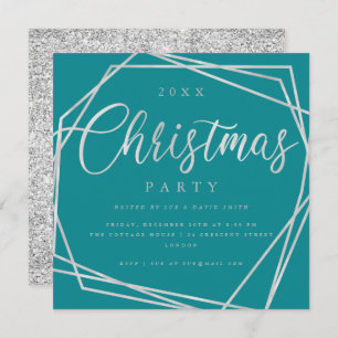 MODERN Script Silver Teal Glitter Christmas Party Invitation