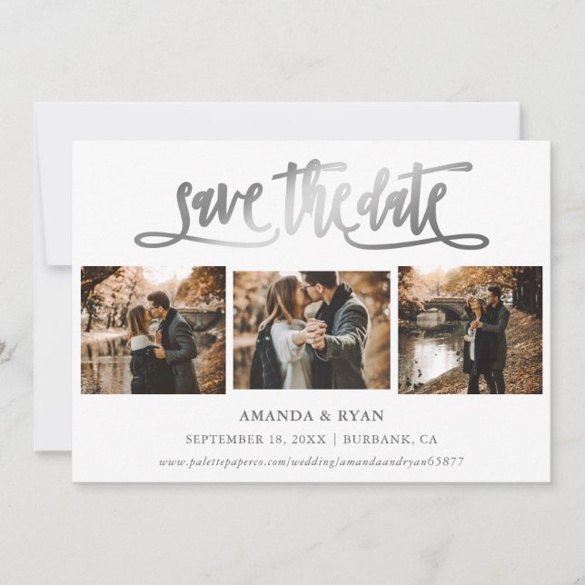 Modern Script Silver Wedding Photo Save The Date (Front)