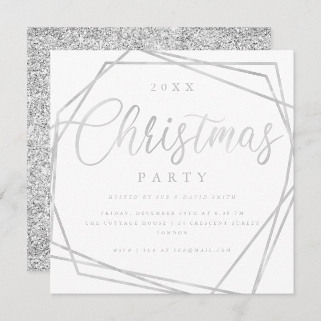 MODERN Script Silver White Glitter Christmas Party Invitation (Front/Back)