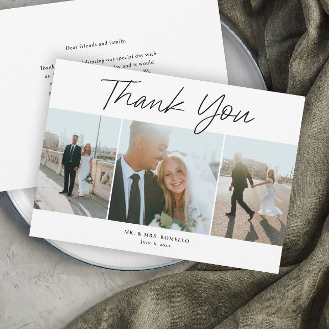Modern Script Simple 3 Photo Wedding Thank You Card (Modern Script Wedding 3 Photo Thank You Cards.)