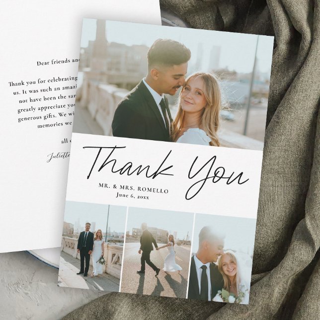 Modern Script Simple 4 Photo Wedding Thank You Card (Modern Script Wedding 4 Photo Thank You Cards.)