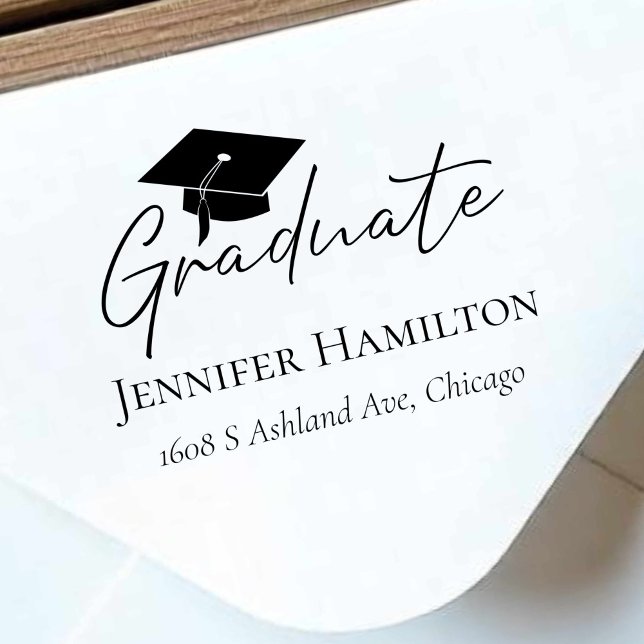 Modern Script Simple Graduation Cap Return Address Rubber Stamp (Creator Uploaded)