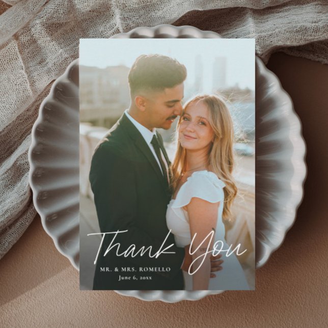 Modern Script Simple Petite Photo Wedding Thank You Card (Handwritten script petite wedding thank you card.)