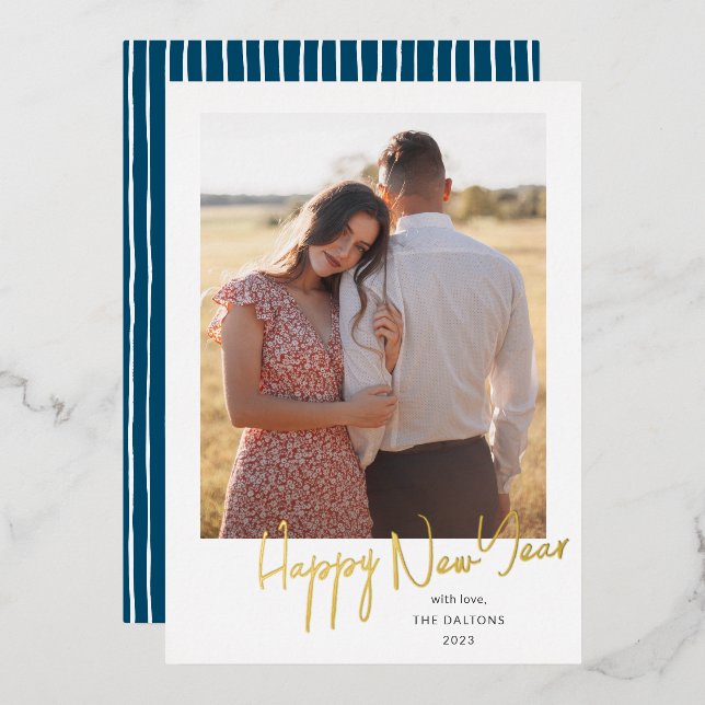 Modern Script Simple Photo Foil Holiday Card (Front/Back)