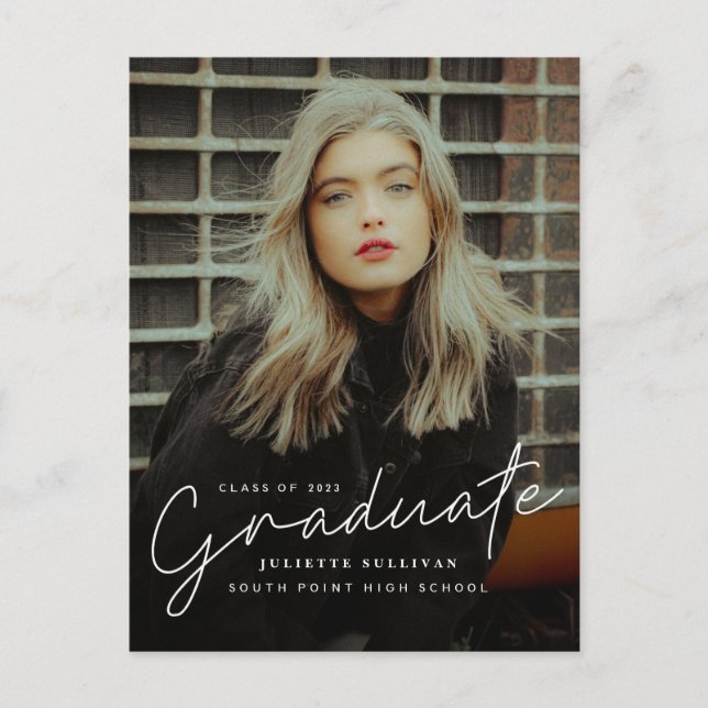 Modern Script Simple Photo Graduation Invitation Postcard (Front)