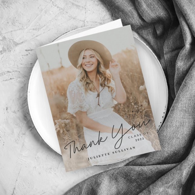 Modern Script Simple Photo Graduation Thank You Card (Creator Uploaded)