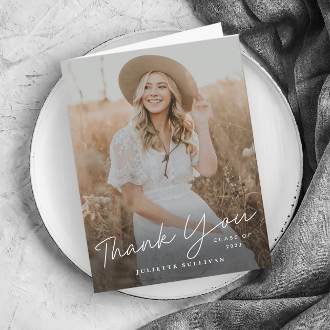 Modern Script Simple Photo Graduation Thank You Card (Creator Uploaded)