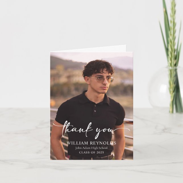 Modern Script Simple Photo Graduation Thank You Card (Front)
