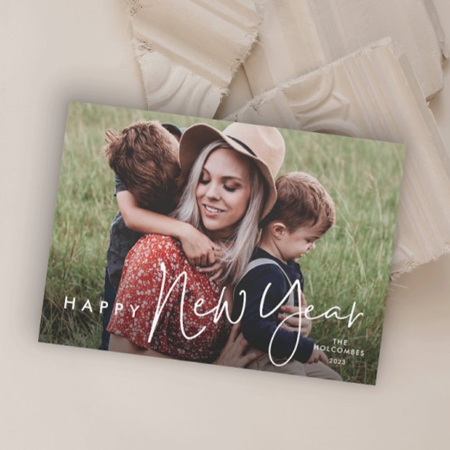 Modern Script Simple Photo New Year Holiday Card (Simple handwritten photo new years holiday card.)