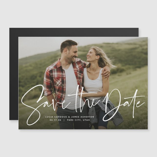 Modern script simple photo save the date magnetic invitation (Front/Back)