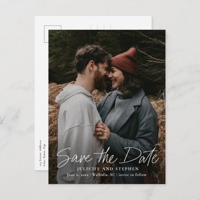Modern Script Simple Photo Wedding Save the Date Postcard (Front/Back)