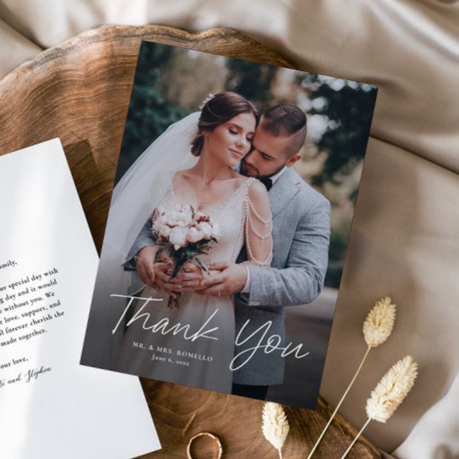Modern Script Simple Photo Wedding Thank You Card (Simple handwritten script wedding photo thank you cards.)