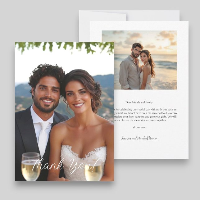 Modern Script Simple Photo Wedding Thank You Card (modern two photo wedding thank you card )