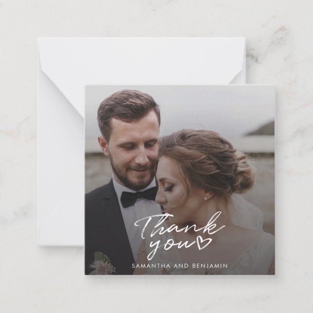 Modern Script Simple Photo Wedding Thank You Card (Front)
