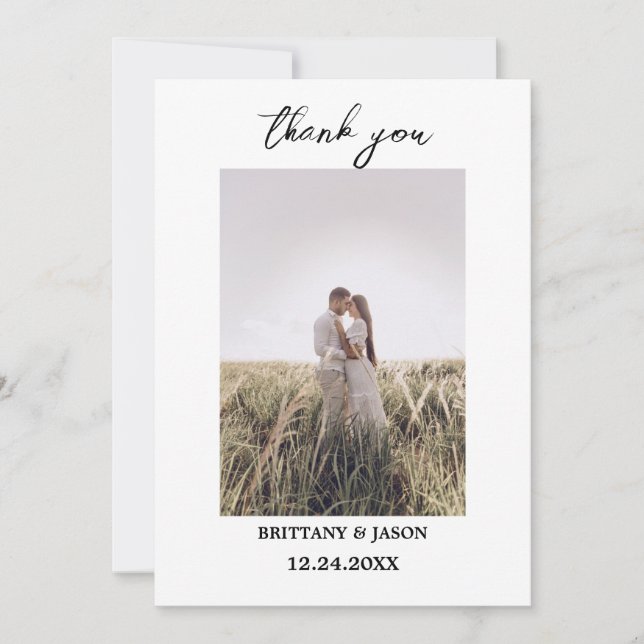 Modern Script Simple Photo Wedding Thank You Card (Front)