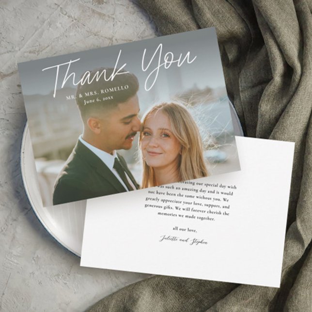 Modern Script Simple Photo Wedding Thank You Invitation (Modern script photo wedding thank you card with full bleed photo typography overlay.)