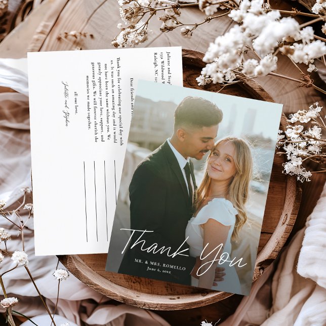 Modern Script Simple Photo Wedding Thank You Postcard (Modern script photo wedding thank you postcard.)