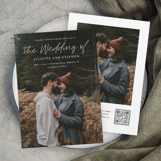 Modern Script Simple QR code Photo Wedding  Invitation (A modern minimal photo wedding invitation with QR Code RSVP on the back with additional photo.)