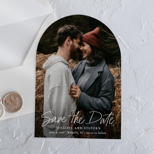 Modern Script Simple Wedding Photo Save the Date Acrylic Invitations (Modern script acrylic arch photo wedding save the date.)