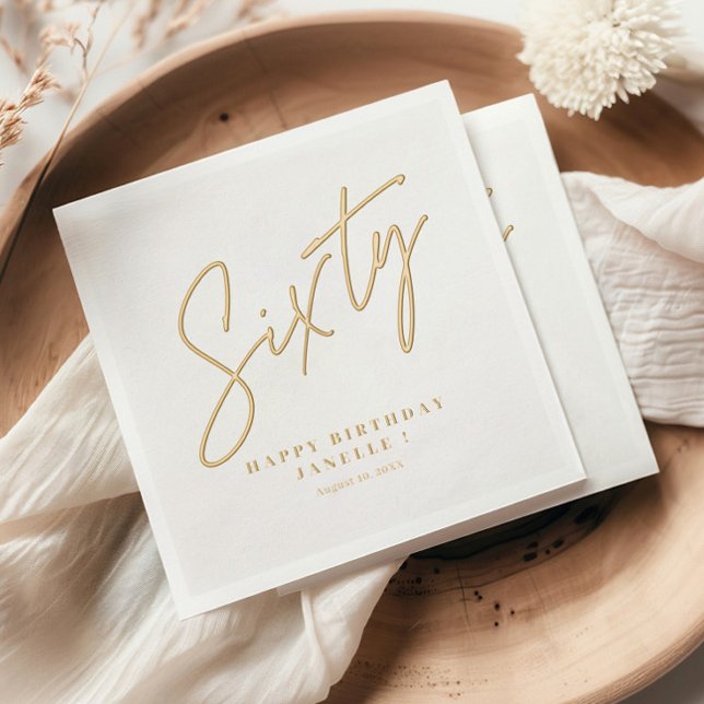 Modern Script Sixty 60th Birthday Foil Napkins (Modern Gold Script 60th Birthday or Anniversary Party  Foil Napkins.)