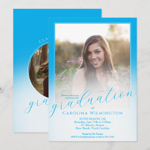 Modern Script Sky Blue Ombre Photo Graduation Invitation