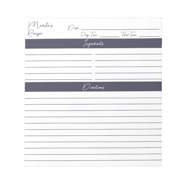Modern Script Slate Grey Personalised Recipes Notepad (Front)