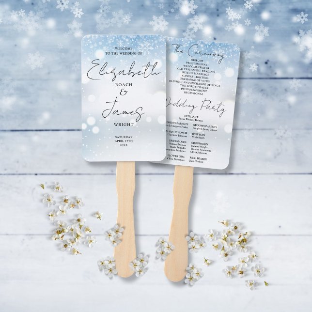 Modern Script Snowflakes Winter Wedding Program Hand Fan (Modern Script Snowflakes Winter Wedding Program Hand Fan)