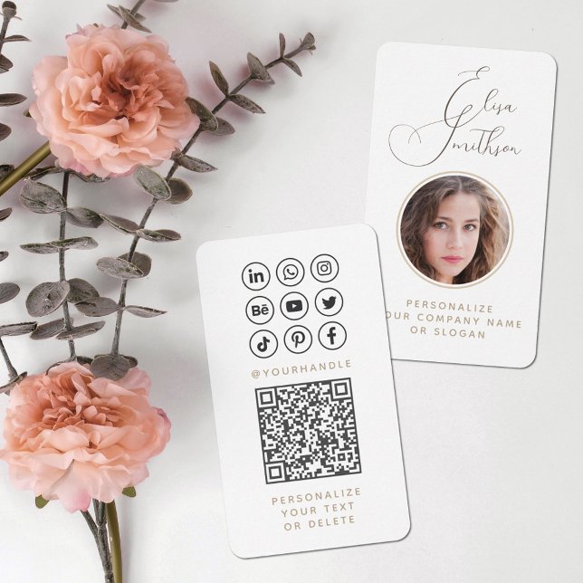  Modern Script Social Media QR Code Add Your Photo Business Card (Creator Uploaded)
