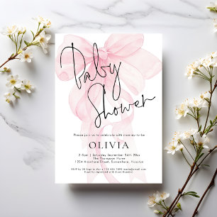 Modern Script Soft Pink Bow Baby Shower Invitation