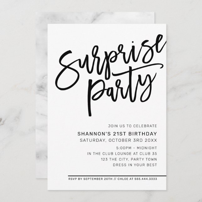 MODERN SCRIPT surprise birthday party black white Invitation (Front/Back)