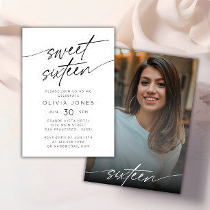 Modern Script Sweet Sixteen Birthday Party Photo Invitation