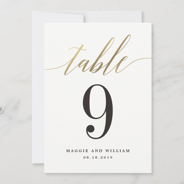 Modern Script Table Number Card Faux Gold (Front)