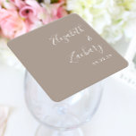 Modern Script Taupe Wedding Square Paper Coaster<br><div class="desc">These simple,  modern wedding coaster favours feature white text aligned to the right margin on a taupe background. Add the couple's names in stylish handwriting calligraphy.</div>