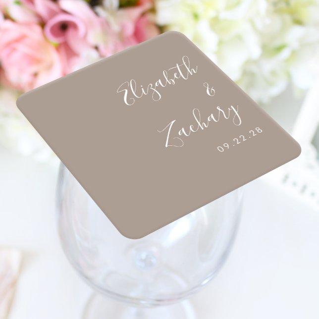 Modern Script Taupe Wedding Square Paper Coaster (Creator Uploaded)