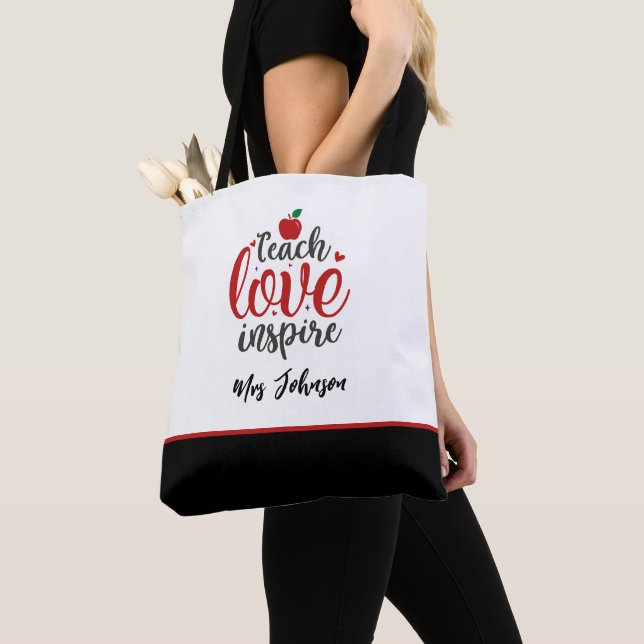 Modern Script Teach Love Inspire Teacher Tote Bag (Close Up)