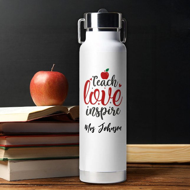 Modern Script Teach Love Inspire Teacher Water Bottle (A personalized water bottle with the words "Teach love inspire" a great teacher appreciation gift)