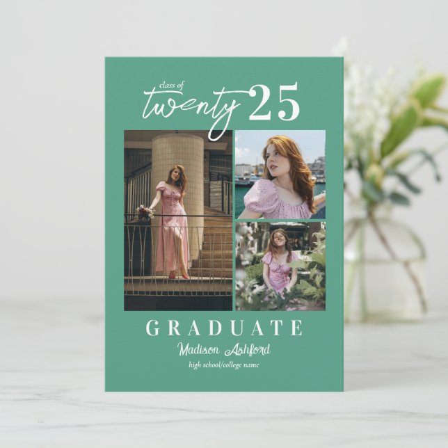 Modern Script Teal 3 Photo Collage Graduation Announcement (Standing Front)