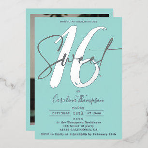 Modern script teal blue photo Sweet 16 silver