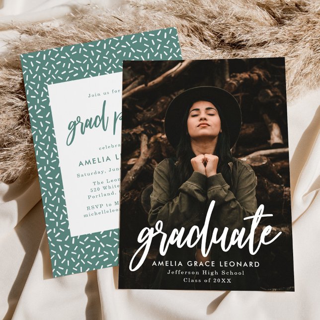 Modern Script Teal Green Photo Graduation Party Invitation (Creator Uploaded)