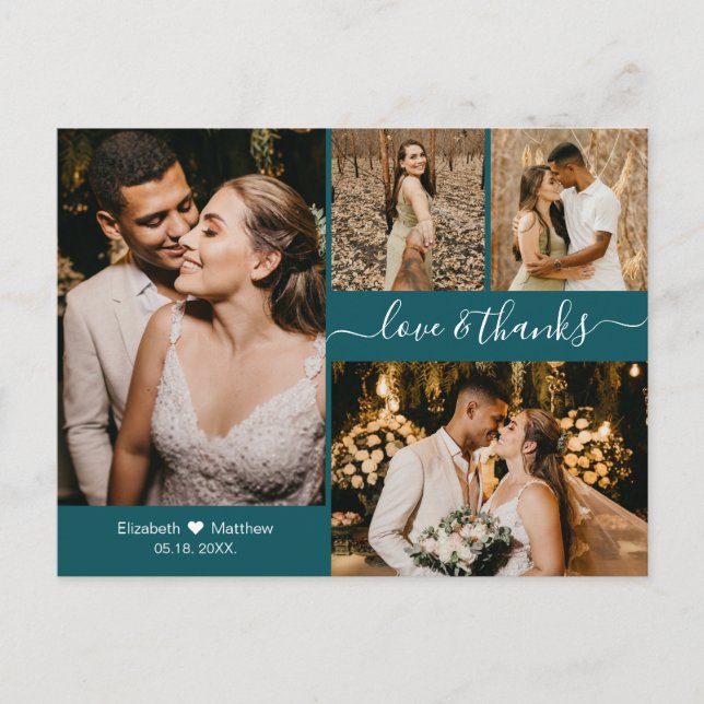 Modern Script Teal Photo Collage Wedding Thank You Postcard (Front)