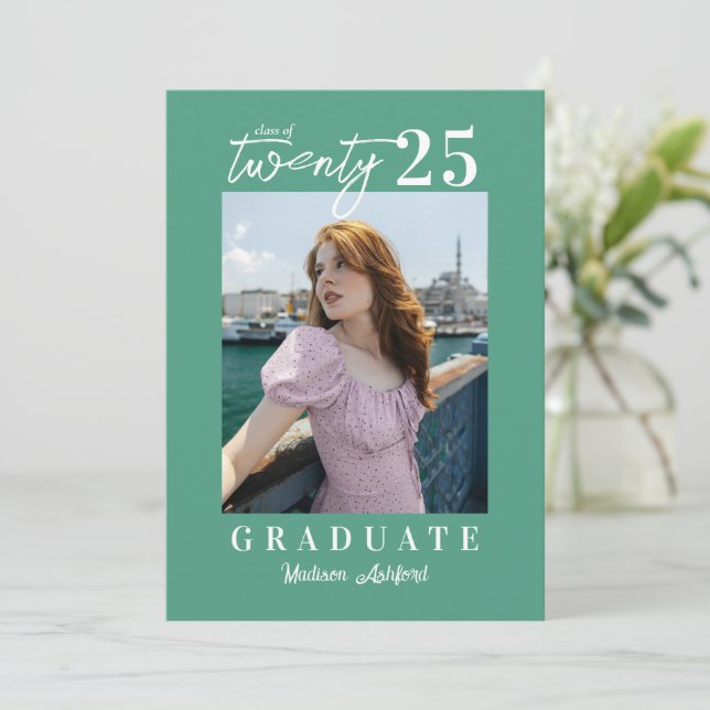 Modern Script Teal Photo Graduation Party  Invitation (Standing Front)