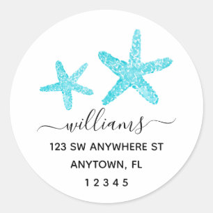 Modern Script Teal Starfish Return Address Classic Round Sticker